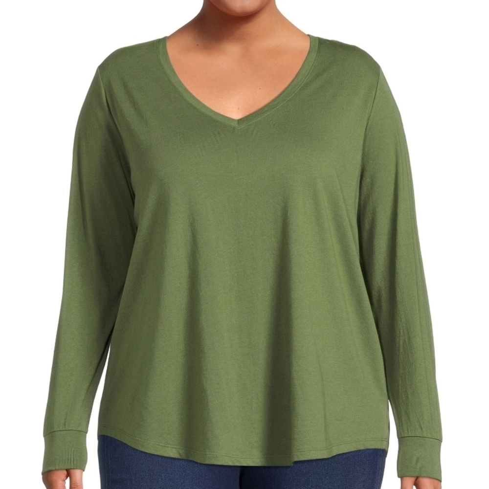 Terra & Sky Plus 5X (32w-34w) V Neck Green Long Sleeve